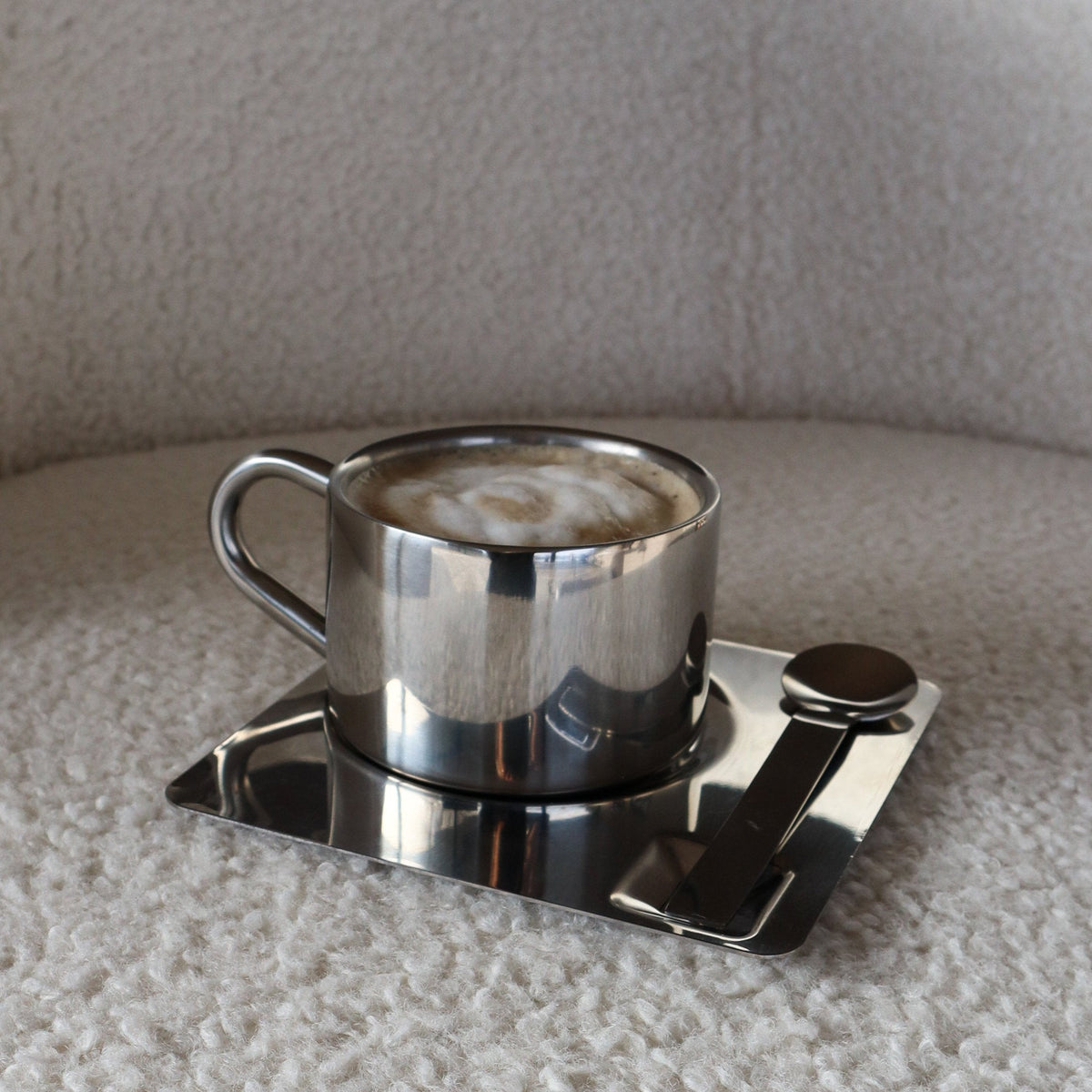 Cappuccino-Tassen-Set – Doppelwandige Espressotasse Aus Edelstahl 304 – 300 G, Inkl. Löffel & Untertasse – Silber, Nahtlos